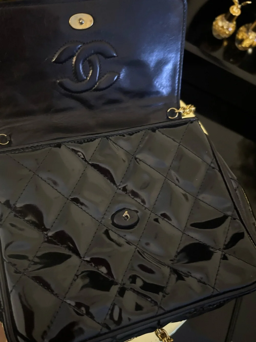 CHANEL Black Patent Quilted Crossbody with Gold Chain